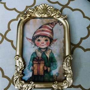 Gold  Ornate Framed Elf Art with Gift